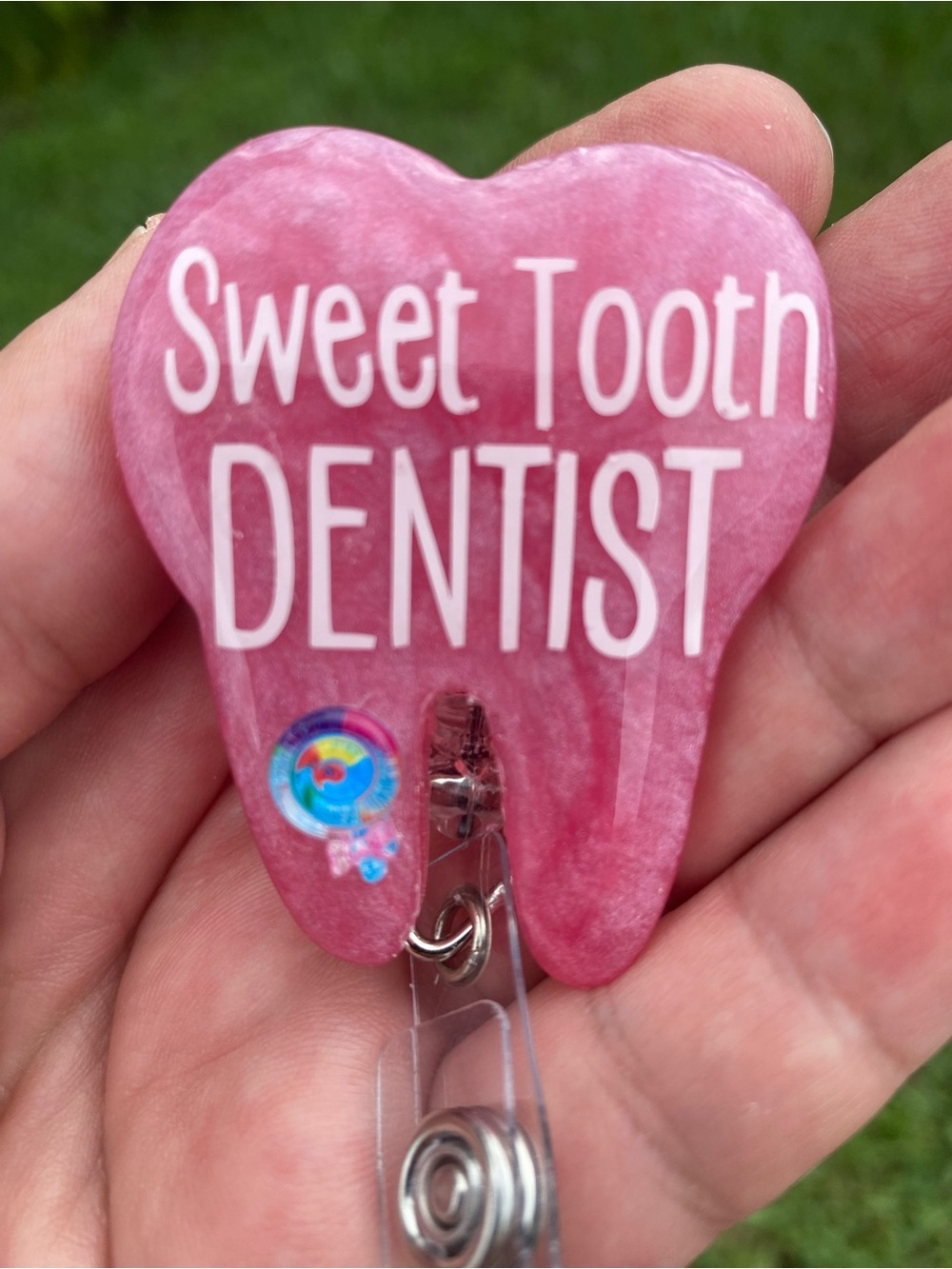 Sweet Tooth Dentist Pink Tooth Badge Reel